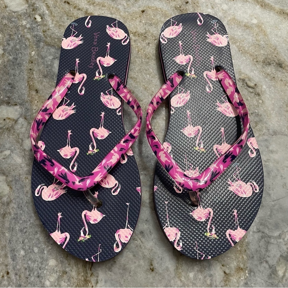 New Vera Bradley Flamingo Fiesta Flip Flops Navy/Pink Women’s Size 5-6